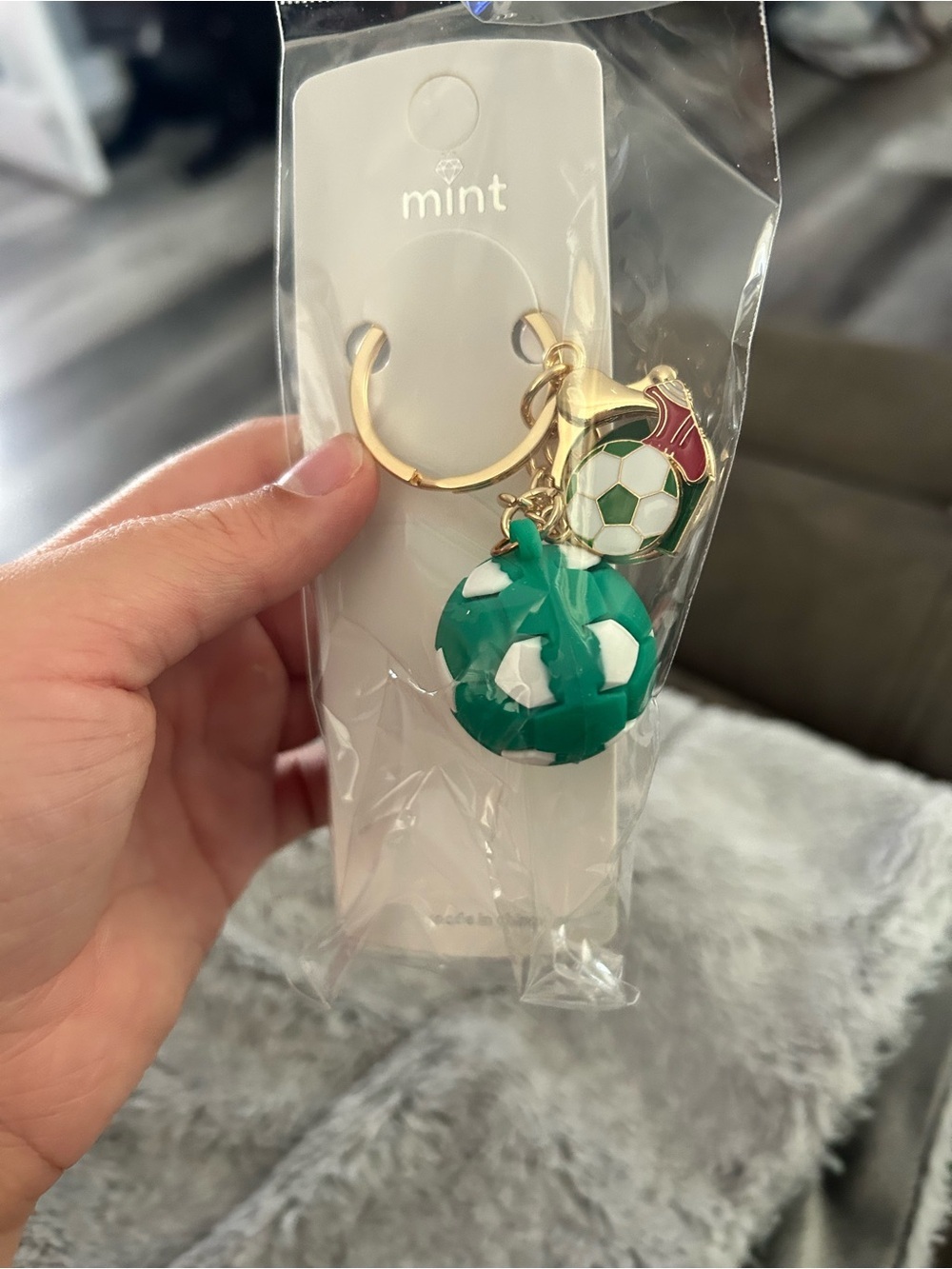 5/$25 Mint Green and White Soccer Ball Keychain with Gold Hardware